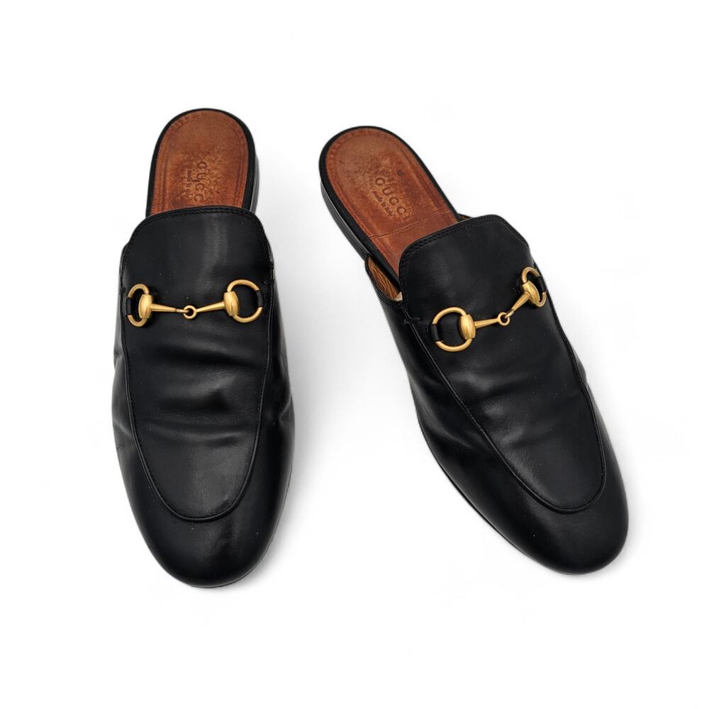 Gucci Princetown Horsebit Flat Slide Mule Black Leather Gold Size 39.5 US 9.5